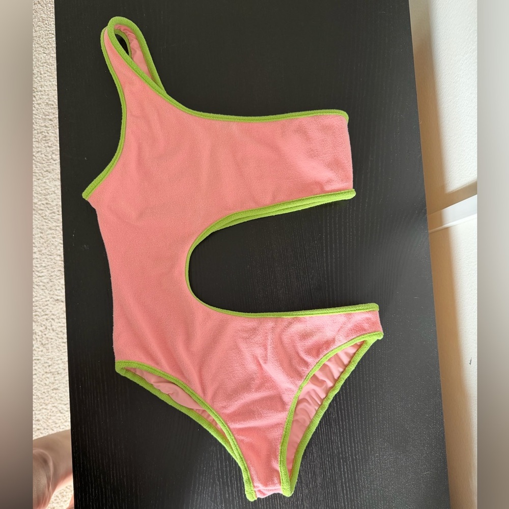 Frankie’s Bikinis Cutout Pink/Green Cash Terry One Piece Swimsuit size Medium - Picture 5 of 7